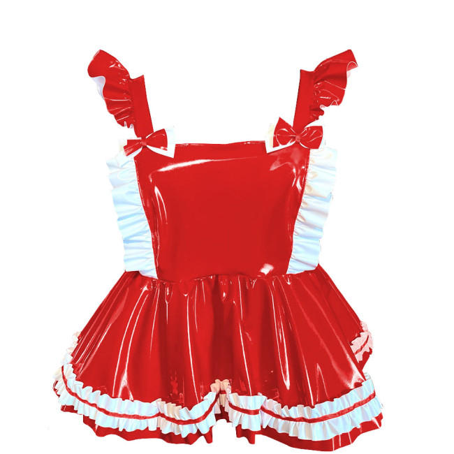 Lolita Mini Ruffles Suspender Strap Dress Sissy PVC Shiny Sleeveless A-line Overall Dress Sweet Button-up Back Bow Short Dress