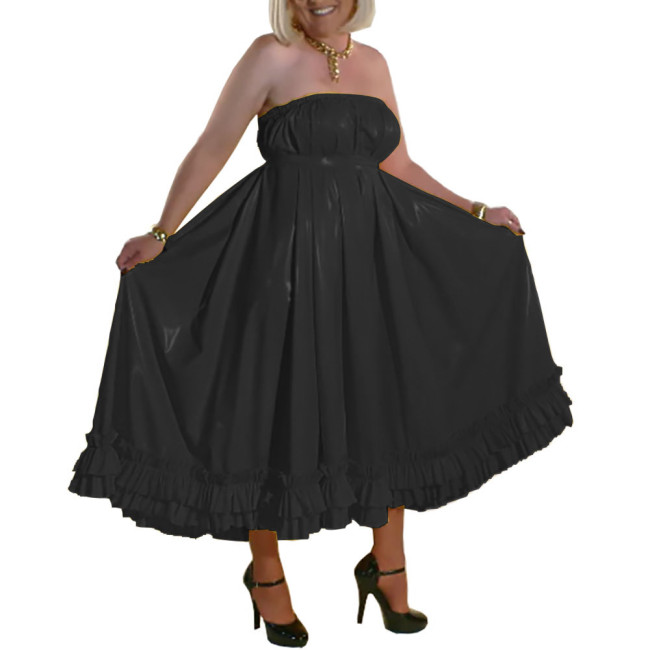 Men Sissy Crossdresser Dress Elegant Solid Patent Leather Long Pleated Dress Chic Vinyl PVC Leather Sleeveless Backless Dresses