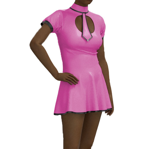 School Student Dress Patent Leather Short Sleeve Preppy Style Uniform Faux Latex Student Role Play Costume with Tie Sissy Dress