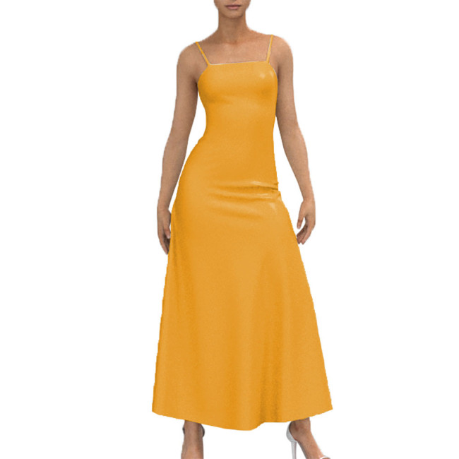 Backless Strappy Camisole Dress Sexy Back Lace-up Vestido Female Bodycon  Apparel Casual Pleated Long Dress Wetlook PVC Leather