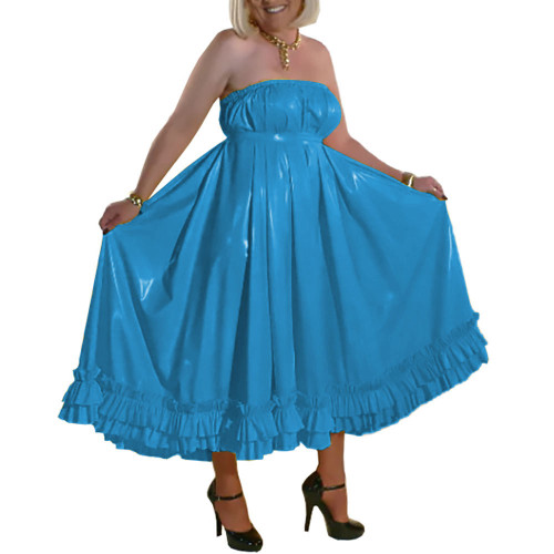 Men Sissy Crossdresser Dress Elegant Solid Patent Leather Long Pleated Dress Chic Vinyl PVC Leather Sleeveless Backless Dresses