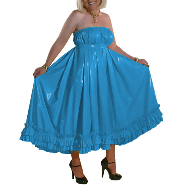 Men Sissy Crossdresser Dress Elegant Solid Patent Leather Long Pleated Dress Chic Vinyl PVC Leather Sleeveless Backless Dresses