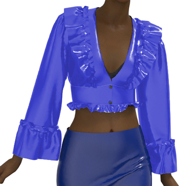 Fashion Elegant Long Butterfly Sleeve Leather Blouse Vinyl Patent Leather Deep V Neck Ruffled Shirt Button Women's Shirt Top