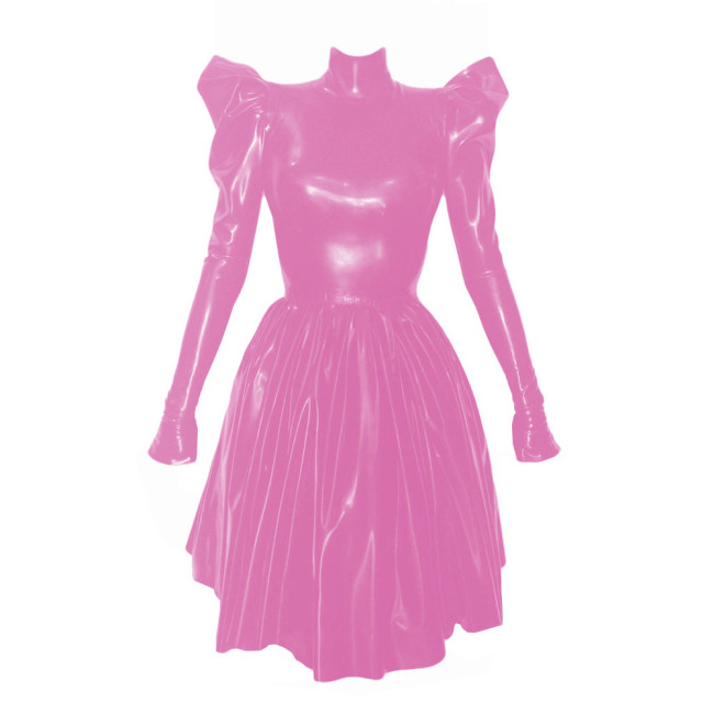 Women Fashion Solid High Collar Pleated Leather Dress Elegant Long Puff Sleeved Patent PVC Leather A-Line Dresses High Street