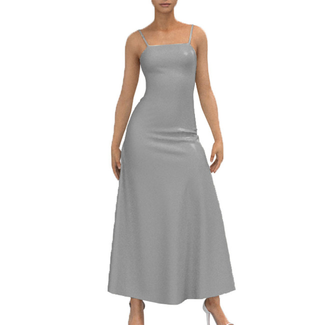 Backless Strappy Camisole Dress Sexy Back Lace-up Vestido Female Bodycon  Apparel Casual Pleated Long Dress Wetlook PVC Leather