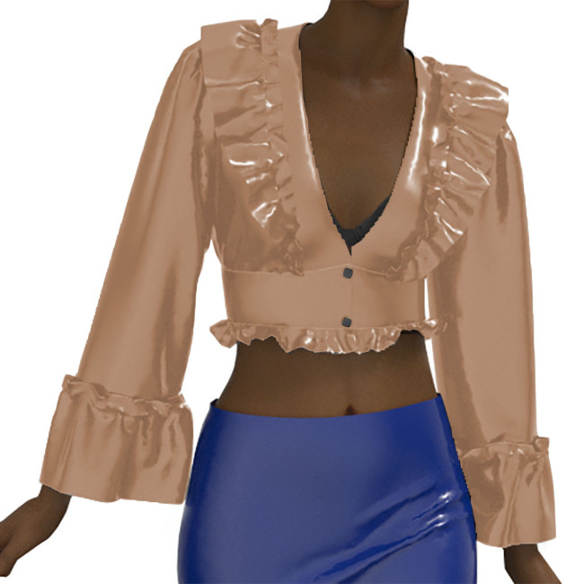 Fashion Elegant Long Butterfly Sleeve Leather Blouse Vinyl Patent Leather Deep V Neck Ruffled Shirt Button Women's Shirt Top