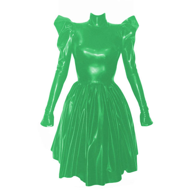 Women Fashion Solid High Collar Pleated Leather Dress Elegant Long Puff Sleeved Patent PVC Leather A-Line Dresses High Street