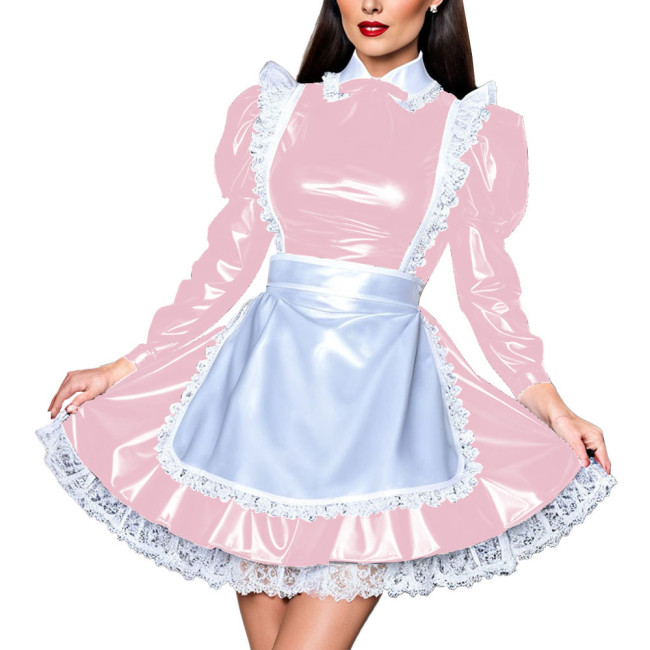 French Elegant Sissy Mini Maid Dresses Long Sleeved Lace Trimming Apron A-line Dress Wetlook Party Vestidos Cosplay Maid Costume