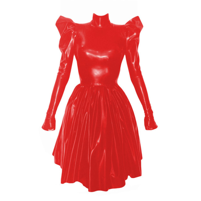 Women Fashion Solid High Collar Pleated Leather Dress Elegant Long Puff Sleeved Patent PVC Leather A-Line Dresses High Street