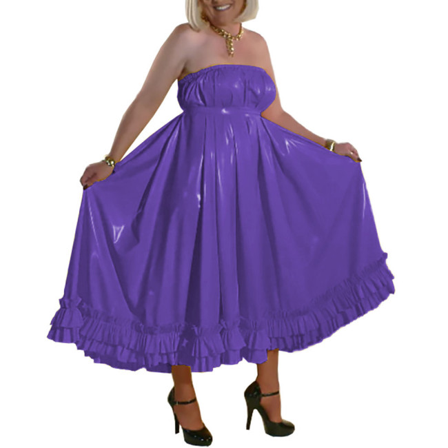 Men Sissy Crossdresser Dress Elegant Solid Patent Leather Long Pleated Dress Chic Vinyl PVC Leather Sleeveless Backless Dresses