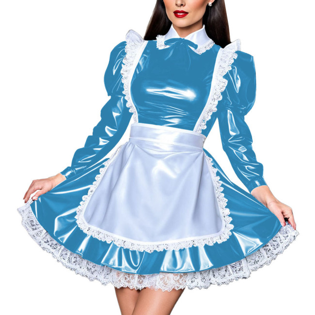French Elegant Sissy Mini Maid Dresses Long Sleeved Lace Trimming Apron A-line Dress Wetlook Party Vestidos Cosplay Maid Costume