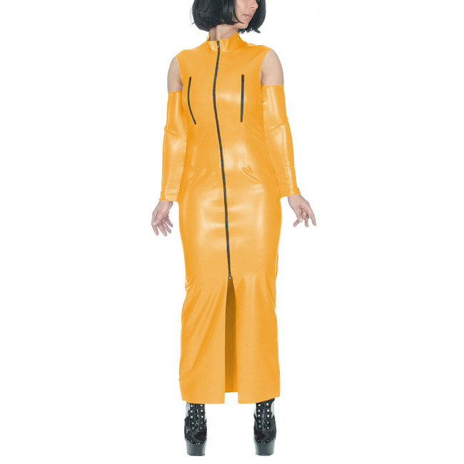 Women Straight Long Dress Front Zipper Slit Uniforms with Cuff Vintage Hobble Ankel-length Clothes Vinyl PVC Leather Street Wear