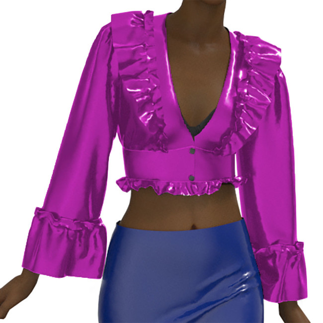 Fashion Elegant Long Butterfly Sleeve Leather Blouse Vinyl Patent Leather Deep V Neck Ruffled Shirt Button Women's Shirt Top