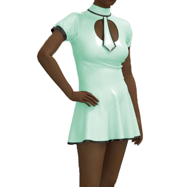 School Student Dress Patent Leather Short Sleeve Preppy Style Uniform Faux Latex Student Role Play Costume with Tie Sissy Dress