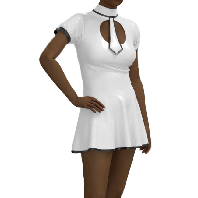 School Student Dress Patent Leather Short Sleeve Preppy Style Uniform Faux Latex Student Role Play Costume with Tie Sissy Dress