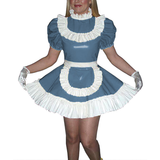 Sissy Wetlook Mini Maid Cosplay Costume Glossy Patent Leather Ruffles Trims Dress with Apron Halloween Party Naughty Uniforms