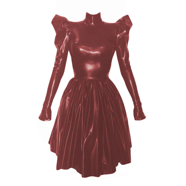 Women Fashion Solid High Collar Pleated Leather Dress Elegant Long Puff Sleeved Patent PVC Leather A-Line Dresses High Street