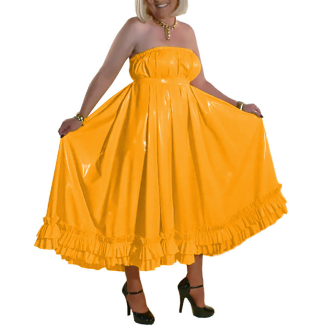 Men Sissy Crossdresser Dress Elegant Solid Patent Leather Long Pleated Dress Chic Vinyl PVC Leather Sleeveless Backless Dresses