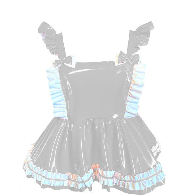 Lolita Mini Ruffles Suspender Strap Dress Sissy PVC Shiny Sleeveless A-line Overall Dress Sweet Button-up Back Bow Short Dress