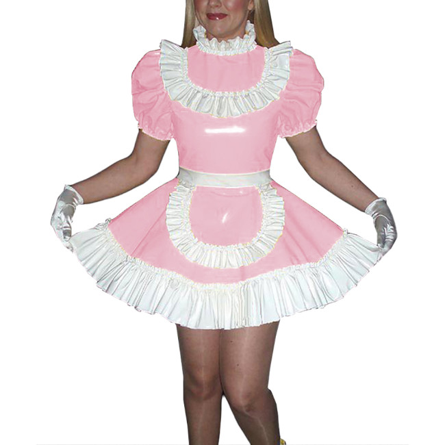 Sissy Wetlook Mini Maid Cosplay Costume Glossy Patent Leather Ruffles Trims Dress with Apron Halloween Party Naughty Uniforms