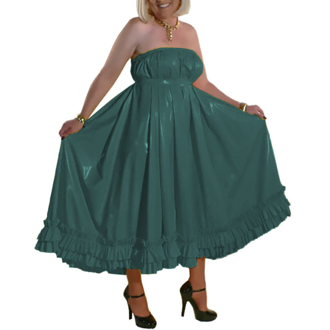 Men Sissy Crossdresser Dress Elegant Solid Patent Leather Long Pleated Dress Chic Vinyl PVC Leather Sleeveless Backless Dresses