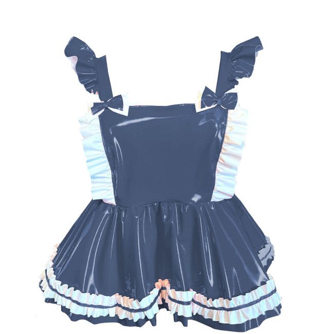 Lolita Mini Ruffles Suspender Strap Dress Sissy PVC Shiny Sleeveless A-line Overall Dress Sweet Button-up Back Bow Short Dress