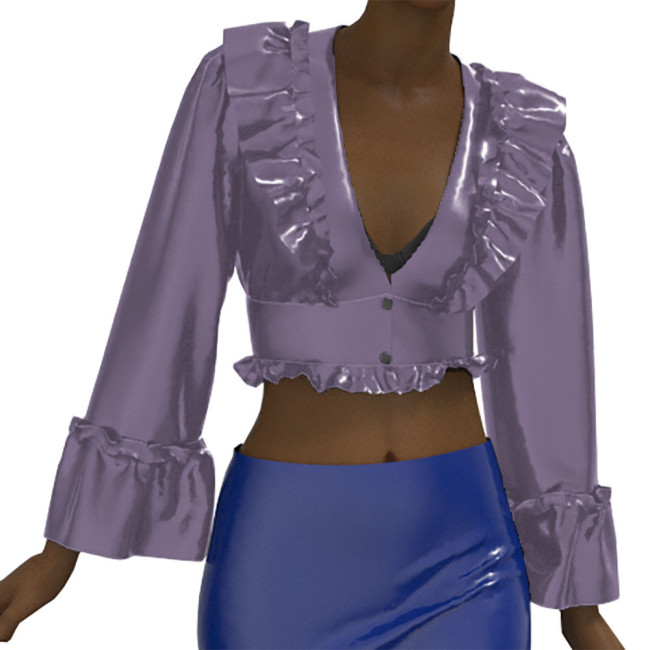 Fashion Elegant Long Butterfly Sleeve Leather Blouse Vinyl Patent Leather Deep V Neck Ruffled Shirt Button Women's Shirt Top