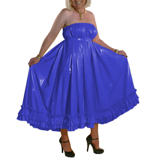 Men Sissy Crossdresser Dress Elegant Solid Patent Leather Long Pleated Dress Chic Vinyl PVC Leather Sleeveless Backless Dresses