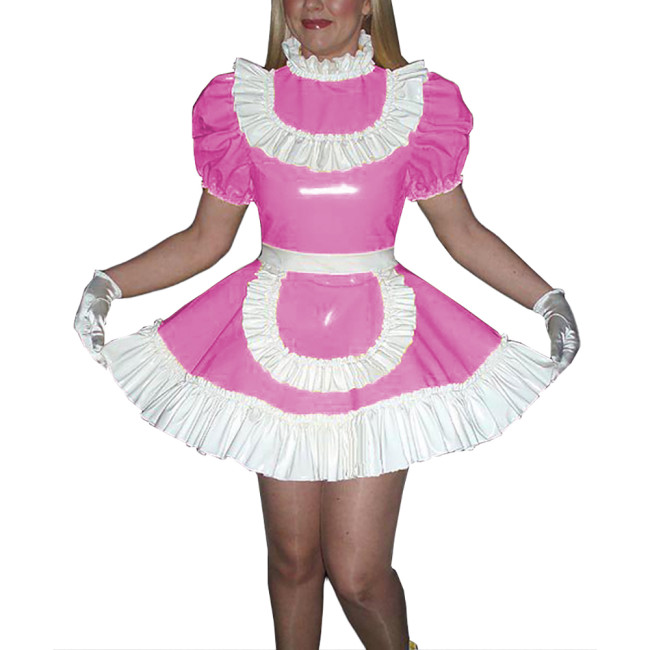 Sissy Wetlook Mini Maid Cosplay Costume Glossy Patent Leather Ruffles Trims Dress with Apron Halloween Party Naughty Uniforms