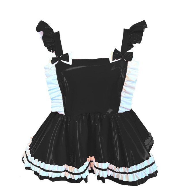 Lolita Mini Ruffles Suspender Strap Dress Sissy PVC Shiny Sleeveless A-line Overall Dress Sweet Button-up Back Bow Short Dress