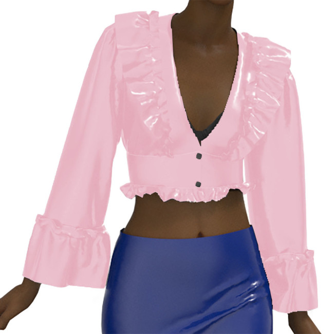 Fashion Elegant Long Butterfly Sleeve Leather Blouse Vinyl Patent Leather Deep V Neck Ruffled Shirt Button Women's Shirt Top