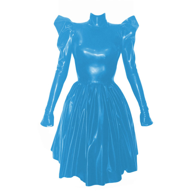 Women Fashion Solid High Collar Pleated Leather Dress Elegant Long Puff Sleeved Patent PVC Leather A-Line Dresses High Street