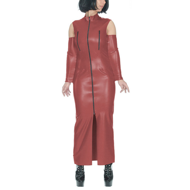 Women Straight Long Dress Front Zipper Slit Uniforms with Cuff Vintage Hobble Ankel-length Clothes Vinyl PVC Leather Street Wear