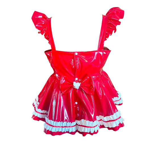 Lolita Mini Ruffles Suspender Strap Dress Sissy PVC Shiny Sleeveless A-line Overall Dress Sweet Button-up Back Bow Short Dress