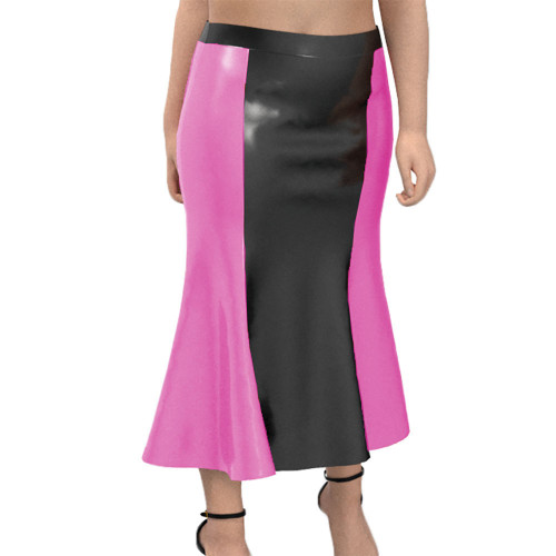 Retro Flare Midi skirts Elegant Patent Leather A-Line Long Skirt Fashion Black Patchwork Sissy Dress Wetlook Crossdresser Skirt