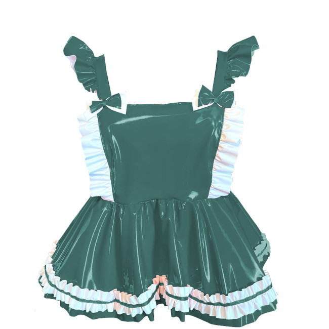 Lolita Mini Ruffles Suspender Strap Dress Sissy PVC Shiny Sleeveless A-line Overall Dress Sweet Button-up Back Bow Short Dress