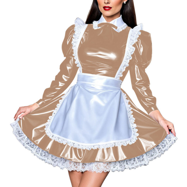 French Elegant Sissy Mini Maid Dresses Long Sleeved Lace Trimming Apron A-line Dress Wetlook Party Vestidos Cosplay Maid Costume
