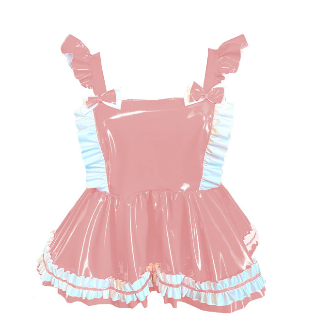 Lolita Mini Ruffles Suspender Strap Dress Sissy PVC Shiny Sleeveless A-line Overall Dress Sweet Button-up Back Bow Short Dress
