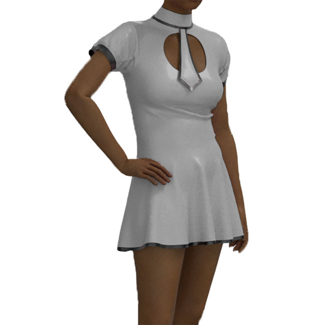 School Student Dress Patent Leather Short Sleeve Preppy Style Uniform Faux Latex Student Role Play Costume with Tie Sissy Dress