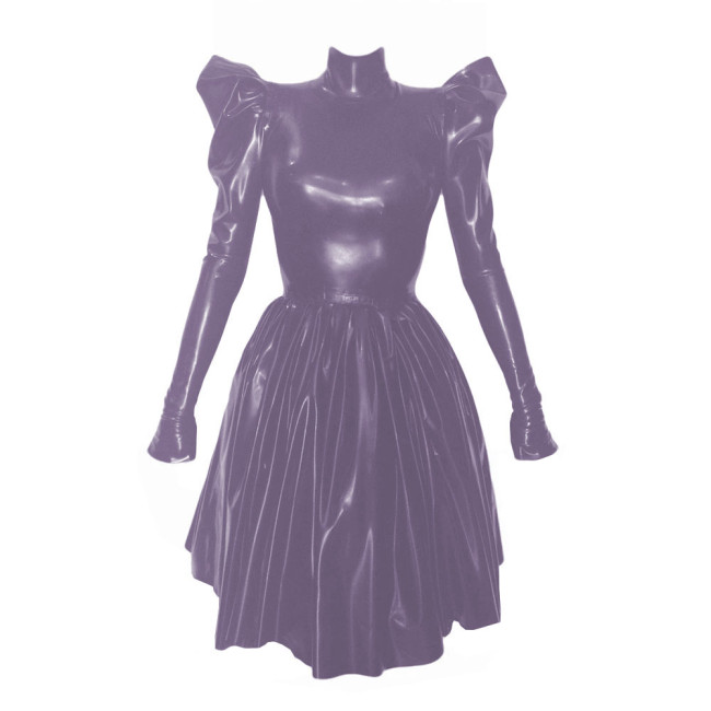 Women Fashion Solid High Collar Pleated Leather Dress Elegant Long Puff Sleeved Patent PVC Leather A-Line Dresses High Street