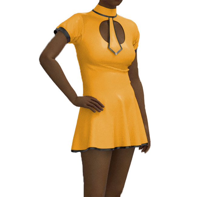 School Student Dress Patent Leather Short Sleeve Preppy Style Uniform Faux Latex Student Role Play Costume with Tie Sissy Dress