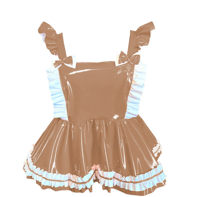 Lolita Mini Ruffles Suspender Strap Dress Sissy PVC Shiny Sleeveless A-line Overall Dress Sweet Button-up Back Bow Short Dress