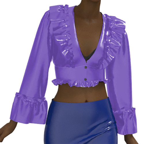 Fashion Elegant Long Butterfly Sleeve Leather Blouse Vinyl Patent Leather Deep V Neck Ruffled Shirt Button Women's Shirt Top