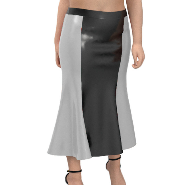 Retro Flare Midi skirts Elegant Patent Leather A-Line Long Skirt Fashion Black Patchwork Sissy Dress Wetlook Crossdresser Skirt