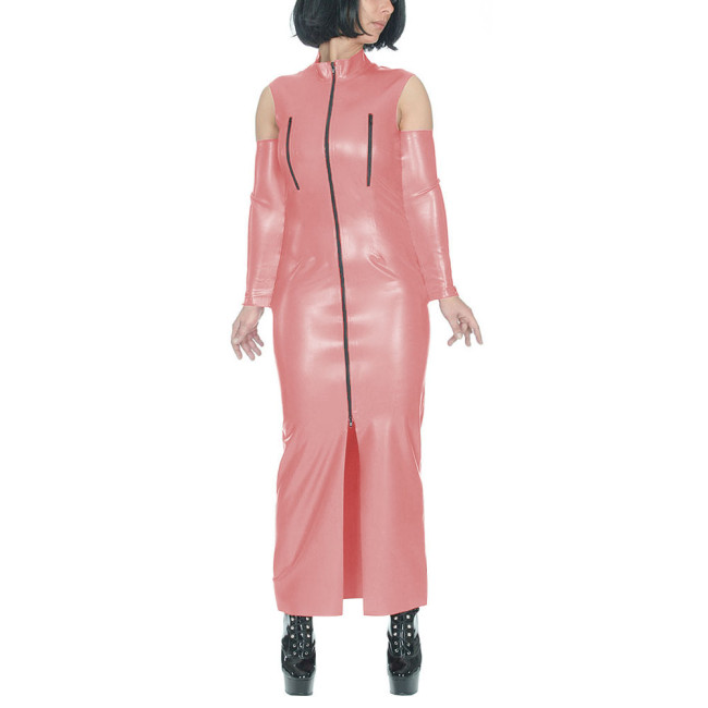 Women Straight Long Dress Front Zipper Slit Uniforms with Cuff Vintage Hobble Ankel-length Clothes Vinyl PVC Leather Street Wear