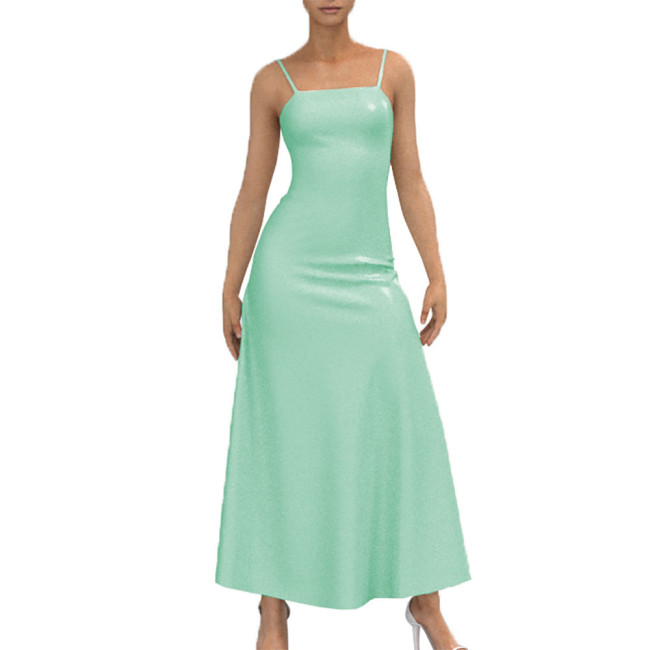 Backless Strappy Camisole Dress Sexy Back Lace-up Vestido Female Bodycon  Apparel Casual Pleated Long Dress Wetlook PVC Leather