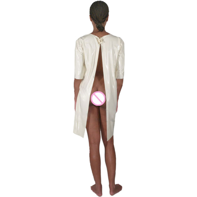 Faux Latex Nurse Cosplay Dress Womens Midi Sleeve O-Neck Maid Uniform Shiny Patent Leather Open Back Carnival Party Costume 7XL