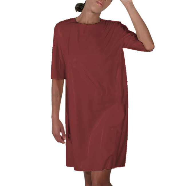Faux Latex Nurse Cosplay Dress Womens Midi Sleeve O-Neck Maid Uniform Shiny Patent Leather Open Back Carnival Party Costume 7XL
