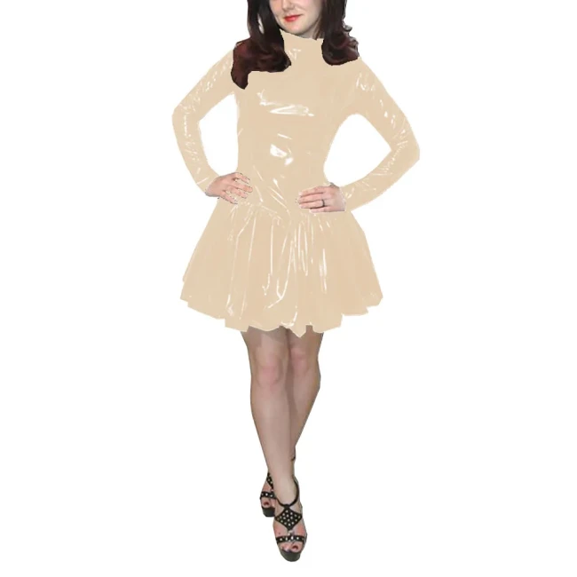 Women Slim Dress Mock Neck Long Sleeved Dress A-line Simple Color Casual Costume Wetlook Sissy PVC Leather Fashion Club Outfit
