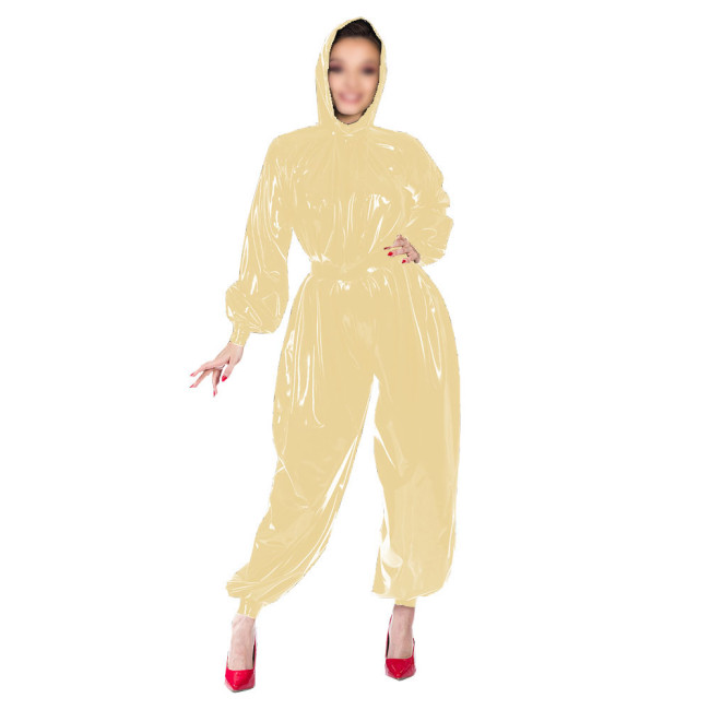 Shiny Patent Leather Fashion Jumpsuits Women's PVC Hooded Jumpsuits Female Gothic Bloomers One-Piece Rompers Club Cosplay Zentai